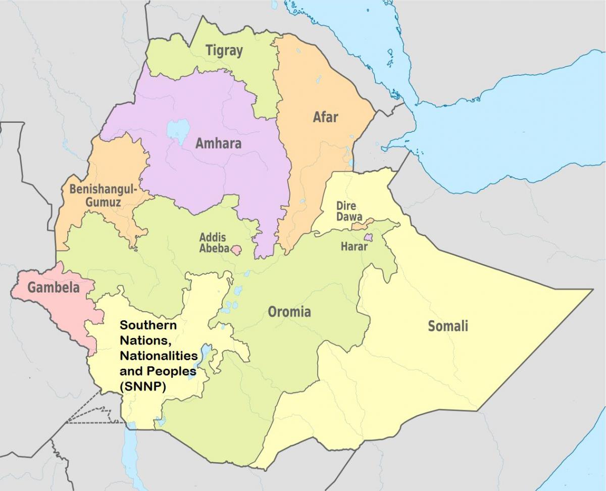 Ethiopia negara-negara regional peta