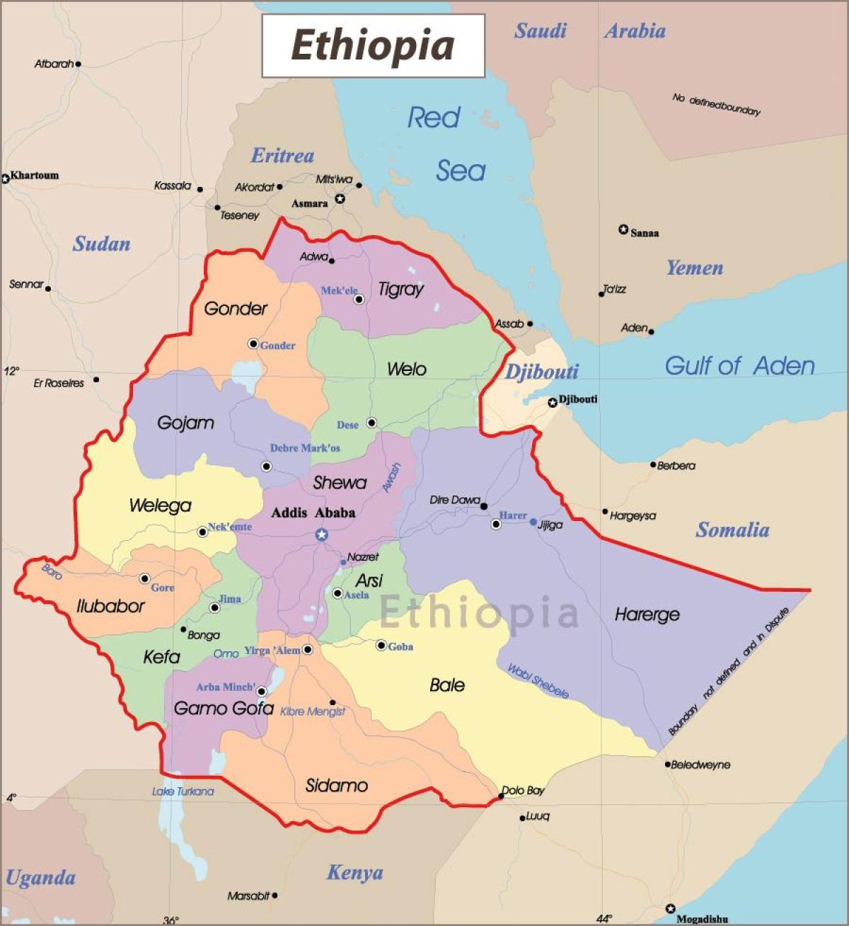 Ethiopia map dengan kota-kota